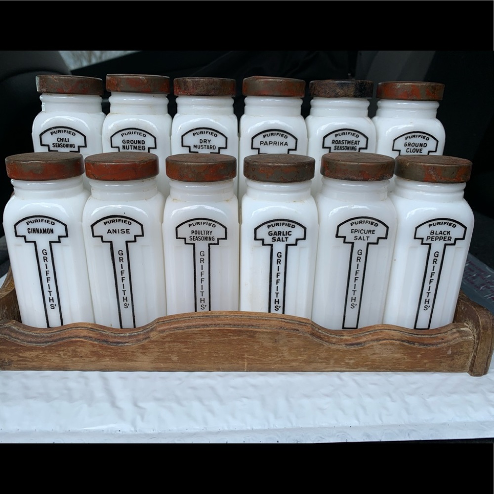 Antique GRIFFITH'S Spice Milk Glass Set “Rare”